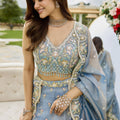 Delicate Sky Blue Satin Silk Embroidered Lehenga Choli with Dupatta