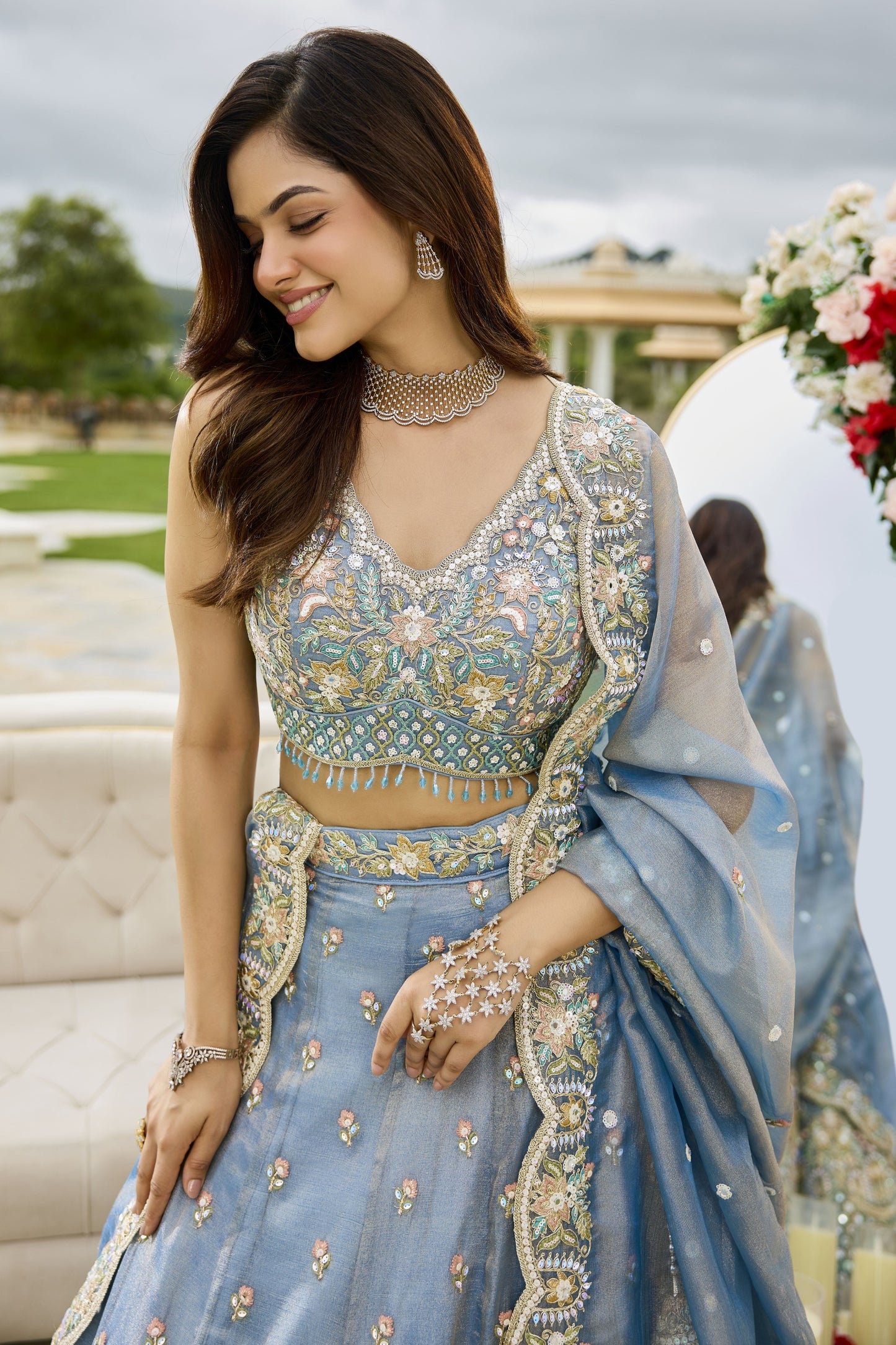 Delicate Sky Blue Satin Silk Embroidered Lehenga Choli with Dupatta