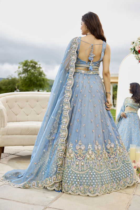 Delicate Sky Blue Satin Silk Embroidered Lehenga Choli with Dupatta