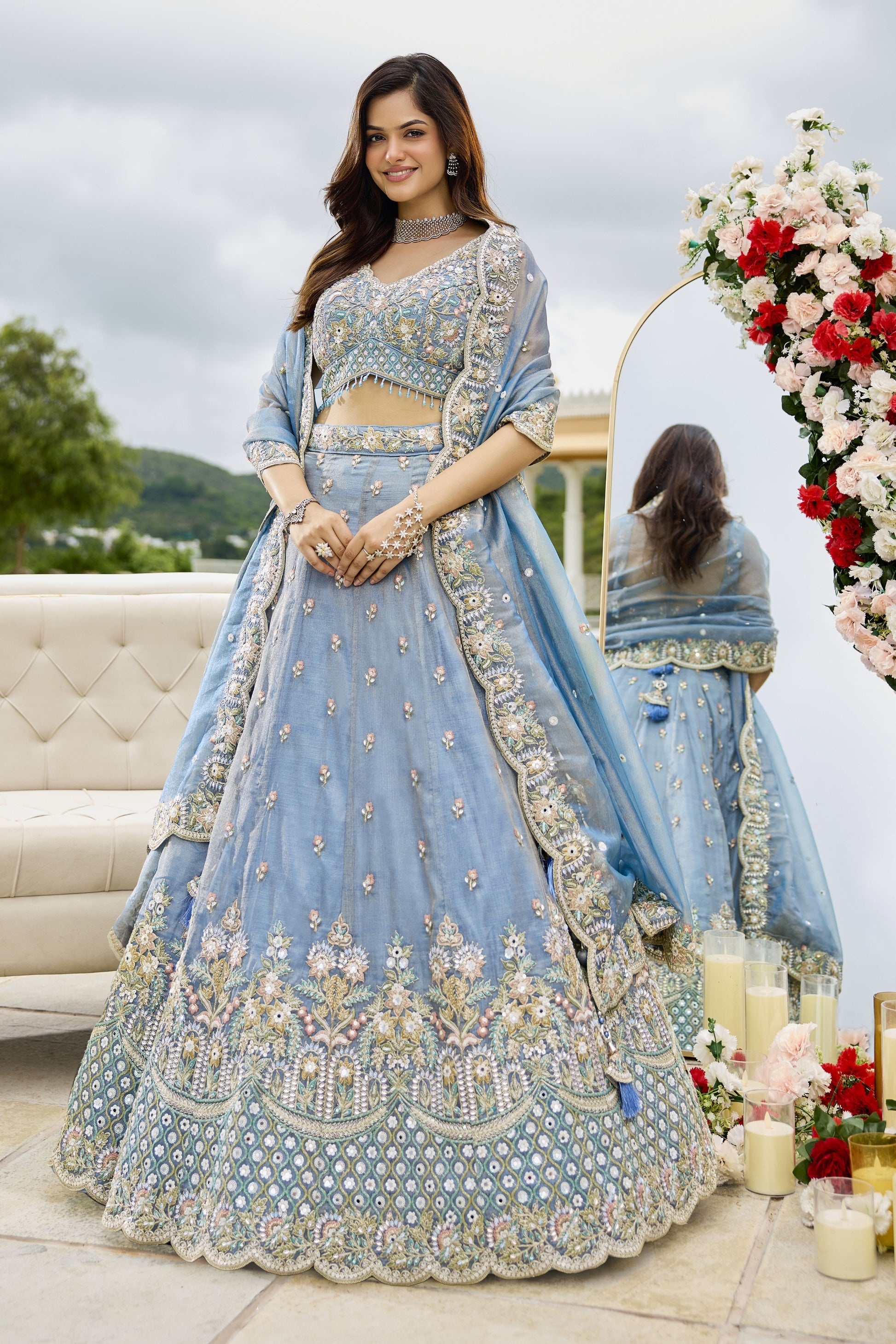 Delicate Sky Blue Satin Silk Embroidered Lehenga Choli with Dupatta