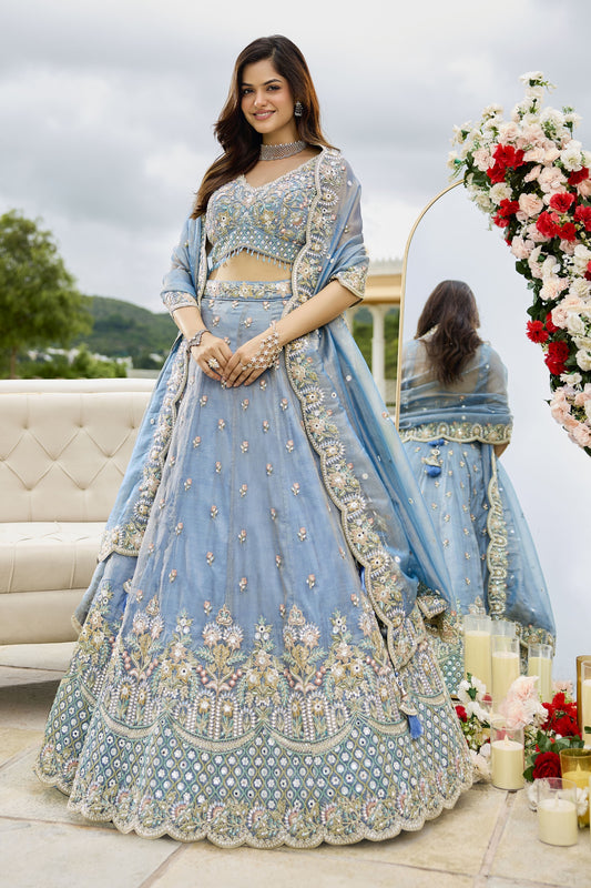 Delicate Sky Blue Satin Silk Embroidered Lehenga Choli with Dupatta