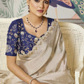 Beige Satin Silk Saree Lace Border Blue Designer Blouse