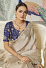Beige Satin Silk Saree Lace Border Blue Designer Blouse