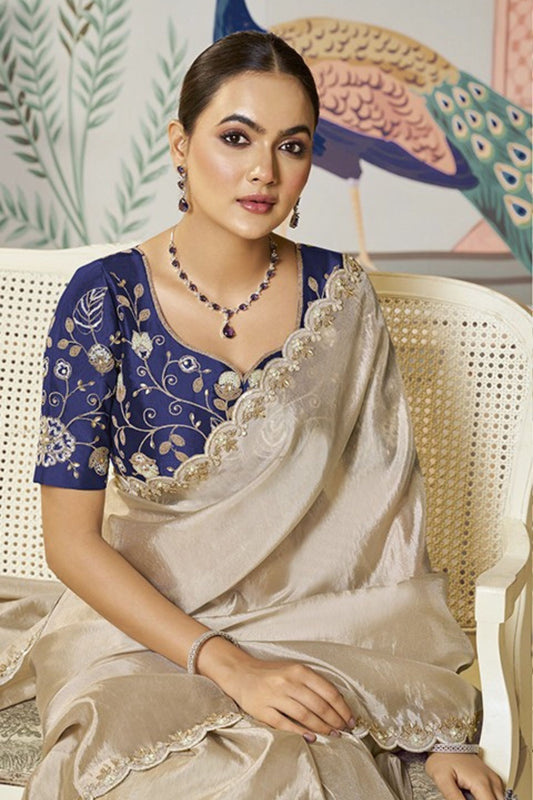 Beige Satin Silk Saree Lace Border Blue Designer Blouse
