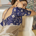 Beige Satin Silk Saree Lace Border Blue Designer Blouse
