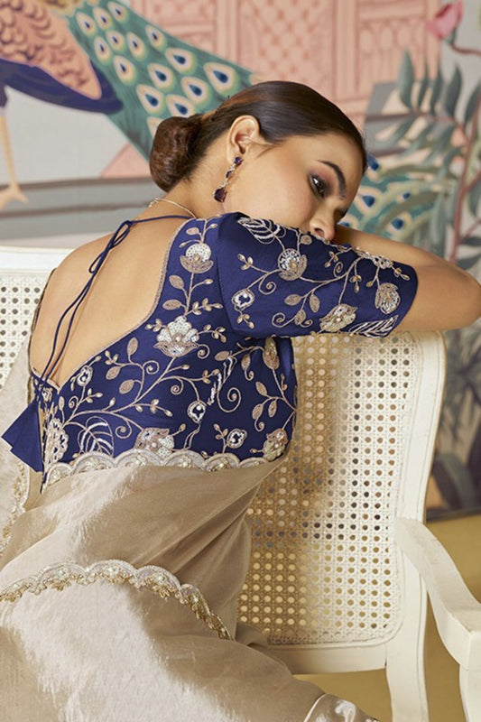 Beige Satin Silk Saree Lace Border Blue Designer Blouse