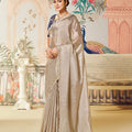 Elegant Beige Satin Silk Saree Lace Border Blue Designer Blouse 