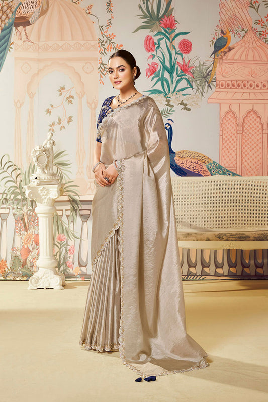 Elegant Beige Satin Silk Saree Lace Border Blue Designer Blouse 