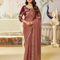 Designer Wine Satin Silk Saree Lace Border Maroon Blouse