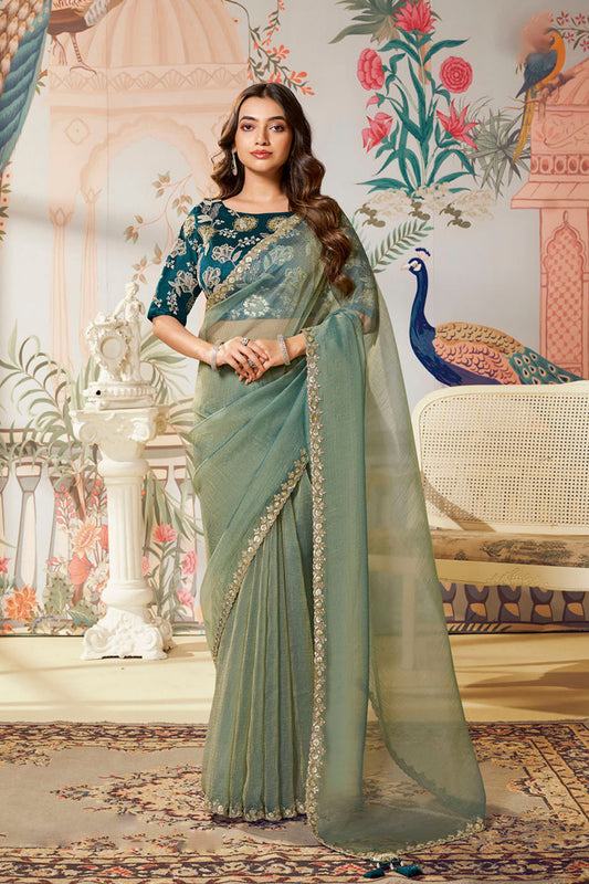 Elegant Saree Lace Border Teal Blue Designer Blouse