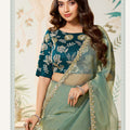 Elegant Saree Lace Border Teal Blue Designer Blouse