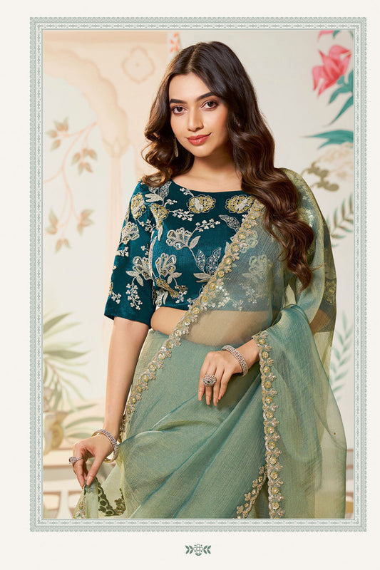 Elegant Saree Lace Border Teal Blue Designer Blouse