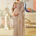 Elegant Beige Saree Golden Blouse Party Wear