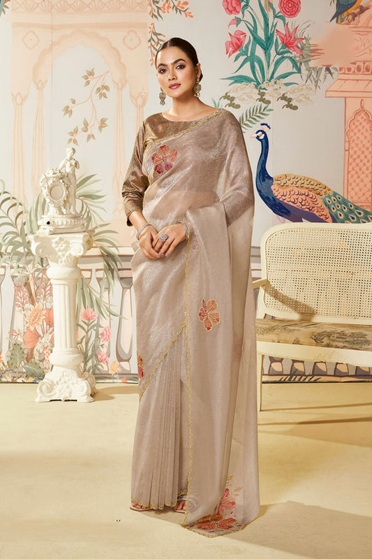 Elegant Beige Saree Golden Blouse Party Wear