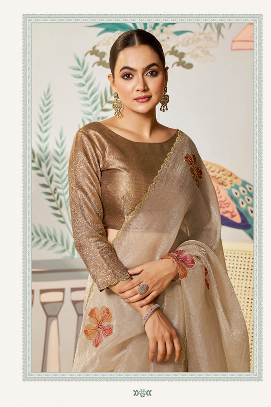 Elegant Beige Saree Golden Blouse Party Wear
