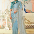 Designer Sky Blue Saree Golden Teal Green Blouse Party Wear