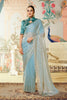 Designer Sky Blue Saree Golden Teal Green Blouse Party Wear