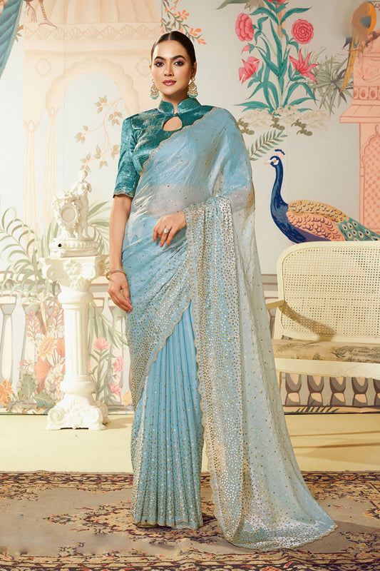 Designer Sky Blue Saree Golden Teal Green Blouse Party Wear