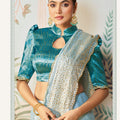 Designer Sky Blue Saree Golden Teal Green Blouse Party Wear