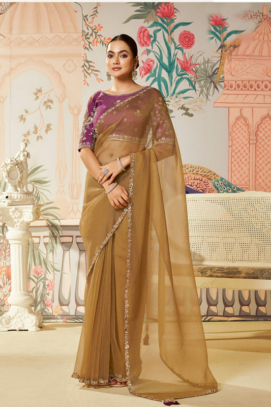 Designer Olive Green Net Saree Border Purple Blouse 