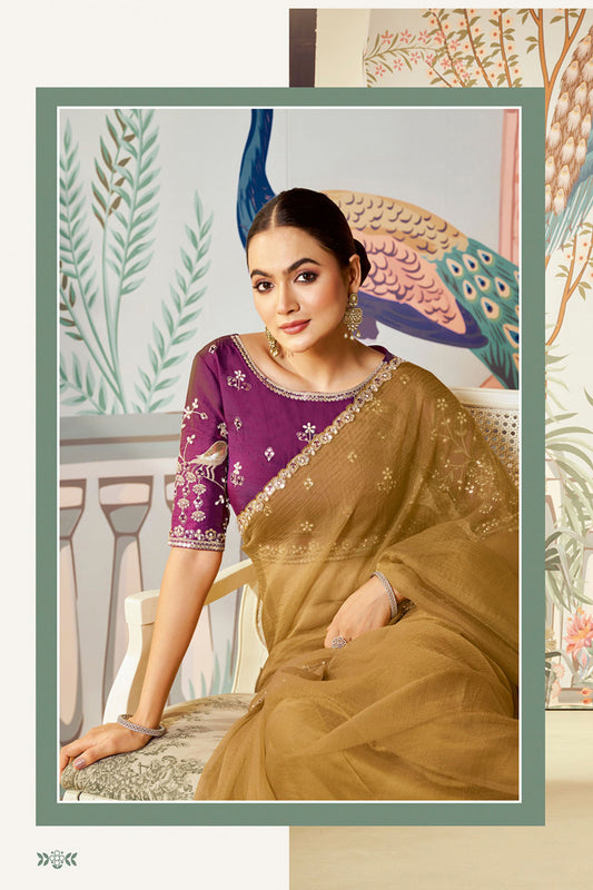 Designer Olive Green Net Saree Border Purple Blouse