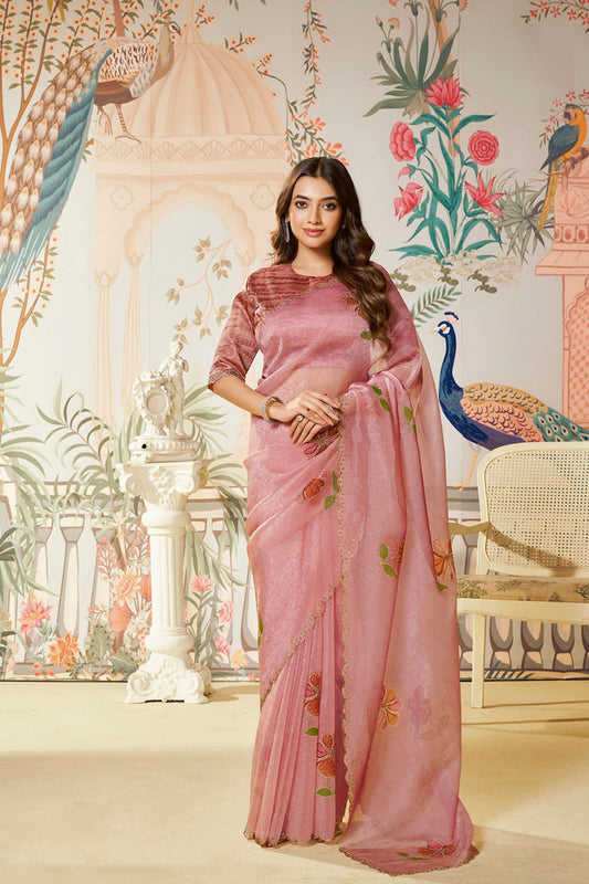 Pink Organza Saree Designer Blouse Party Wear Saree