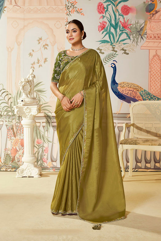 Olive Green Silk Saree Blouse Elegant Border Party Wear Saree
