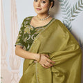 Olive Green Silk Saree Blouse Elegant Border Party Wear Saree
