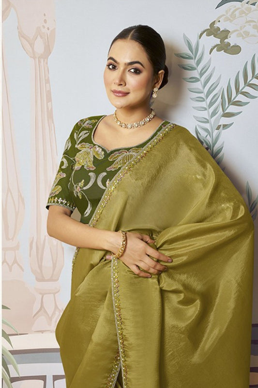 Olive Green Silk Saree Blouse Elegant Border Party Wear Saree