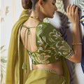Olive Green Silk Saree Blouse Elegant Border Party Wear Saree