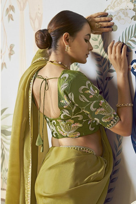 Olive Green Silk Saree Blouse Elegant Border Party Wear Saree