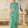 Aqua Blue Organza Saree Designer Blouse Party Wear