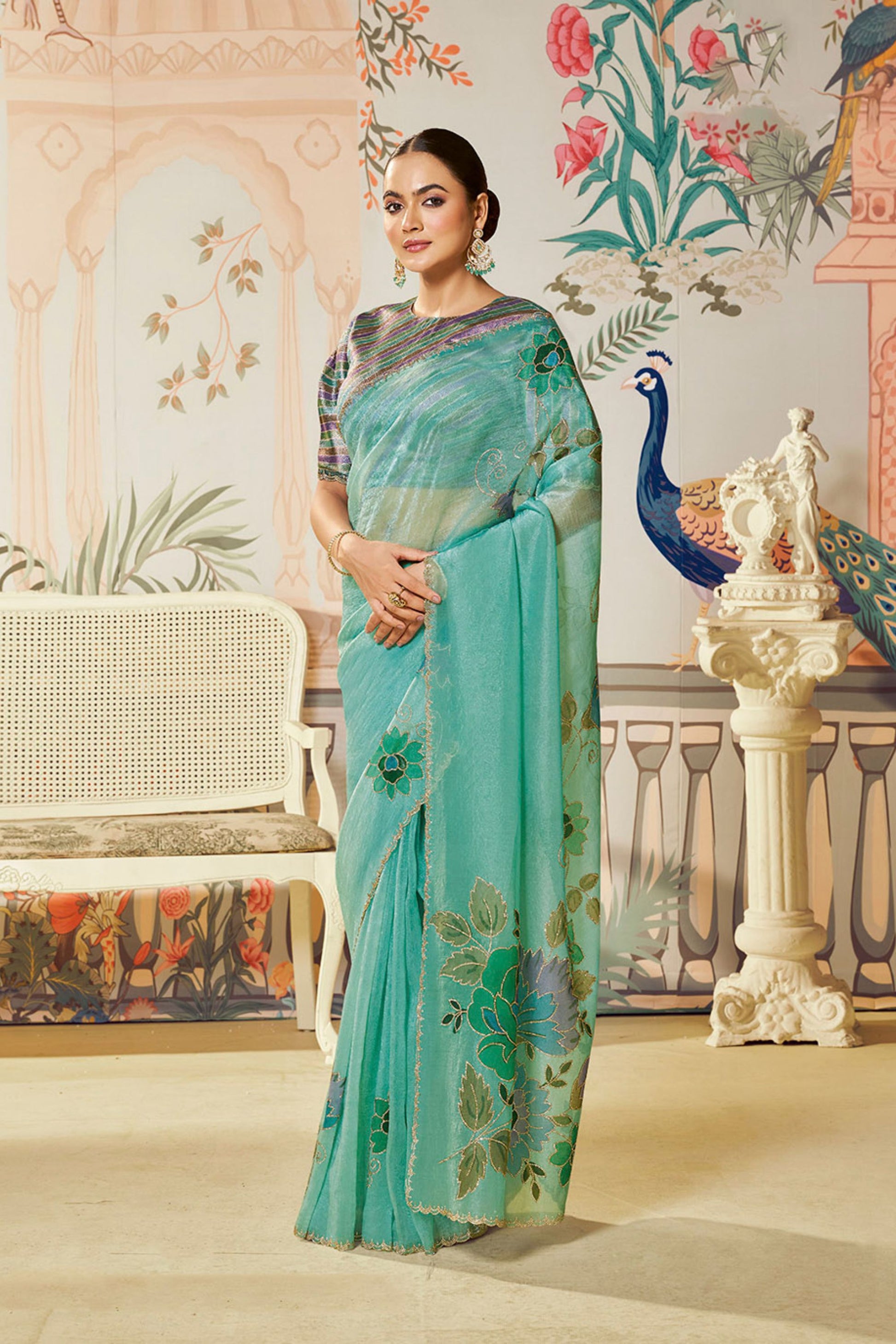 Aqua Blue Organza Saree Designer Blouse Party Wear