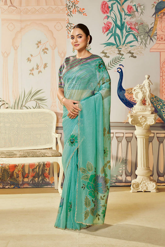 Aqua Blue Organza Saree Designer Blouse Party Wear