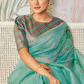 Aqua Blue Organza Saree Designer Blouse Party Wear