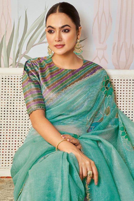 Aqua Blue Organza Saree Designer Blouse Party Wear