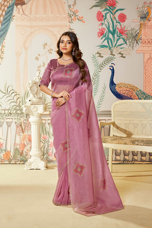 Pink Organza Saree Motifs Designer Blouse Party Wear