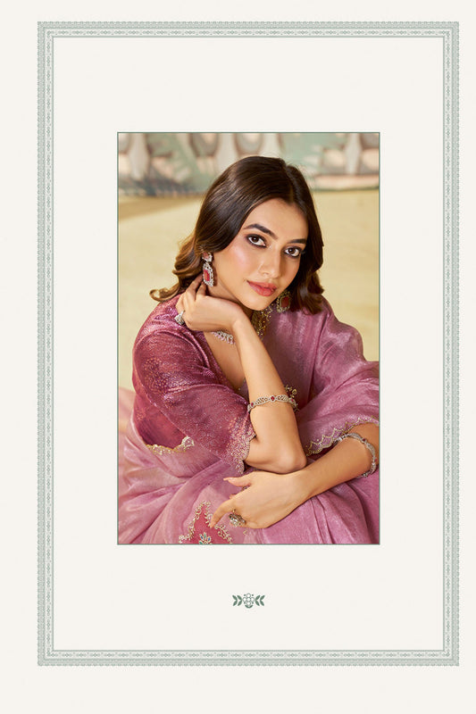 Pink Organza Saree Motifs Designer Blouse Party Wear