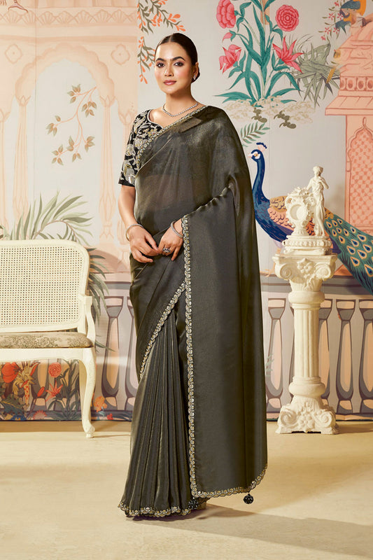 Elegant Black Organza Saree Border Designer Blouse Party Wear
