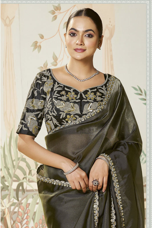 Elegant Black Organza Saree Border Designer Blouse Party Wear