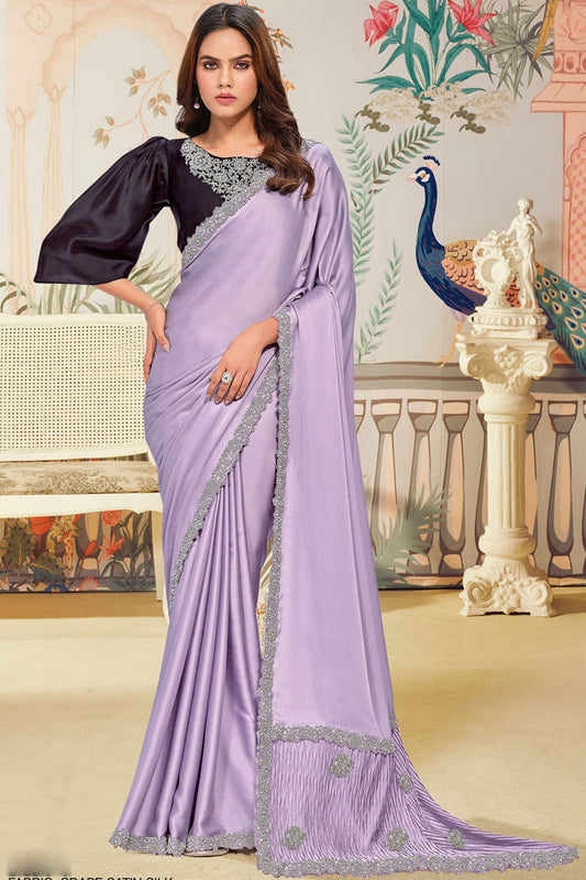 Lavender Satin Silk Saree Lace Border Designer Black Blouse