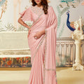Peach Pink Satin Silk Saree Lace Border and Designer Blouse