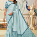 Light Blue Satin Silk Saree Border Designer Blouse Party Wear