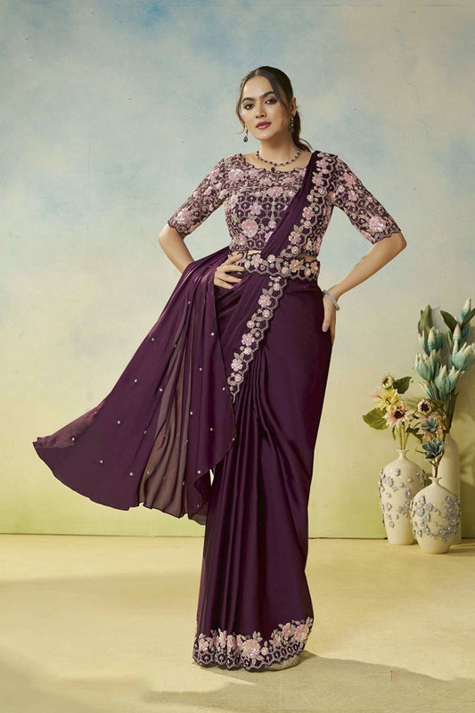 Designer Wine Purple Saree Blouse Elegant Party Wear Silk Saree