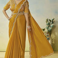  Mustard Yellow Stylish Blouse Elegant Party Wear Silk Saree