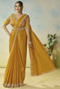  Mustard Yellow Stylish Blouse Elegant Party Wear Silk Saree