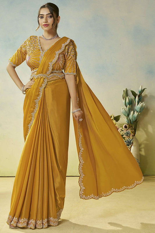 Mustard Yellow Stylish Blouse Elegant Party Wear Silk Saree