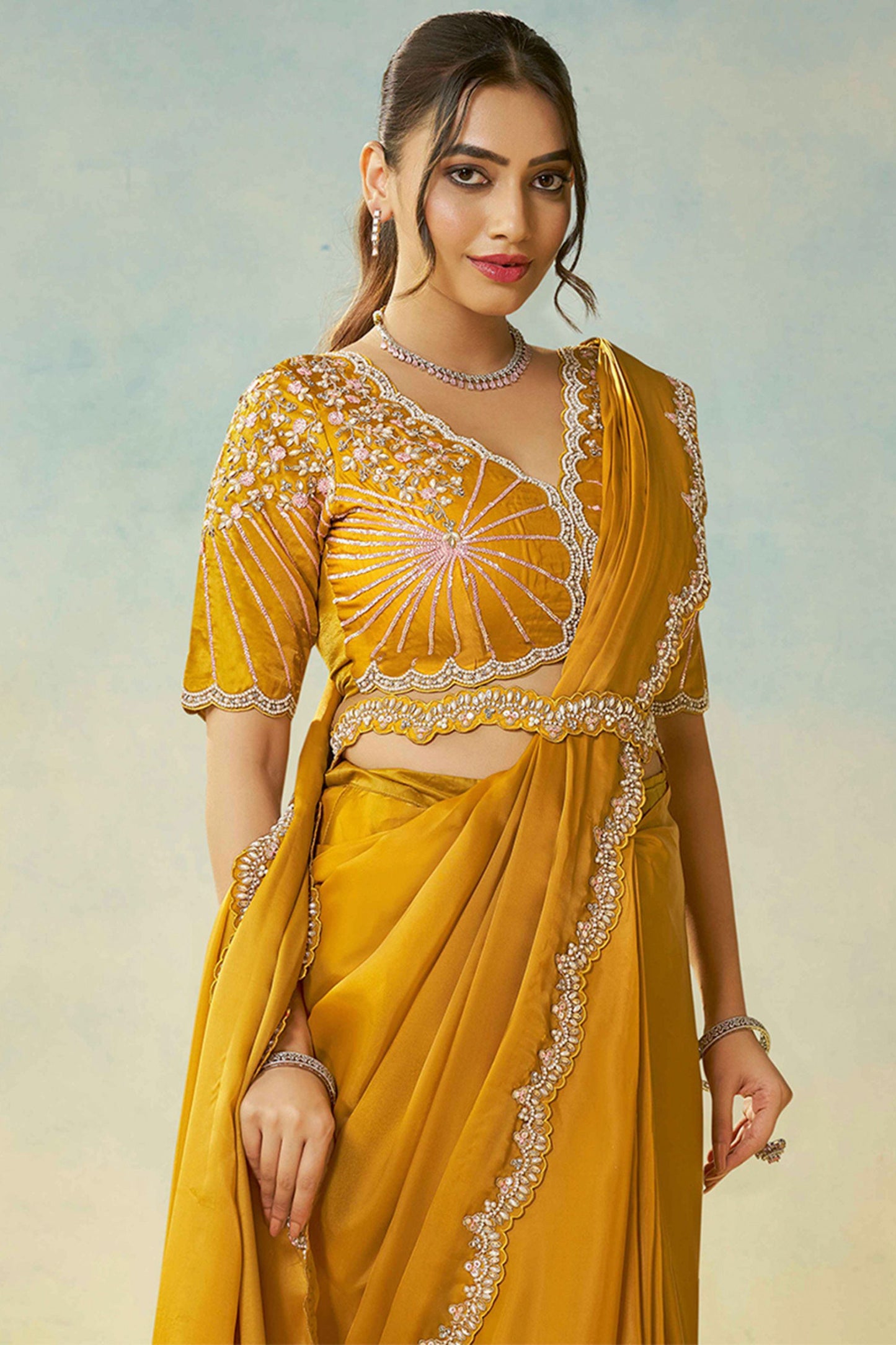 Mustard Yellow Stylish Blouse Elegant Party Wear Silk Saree