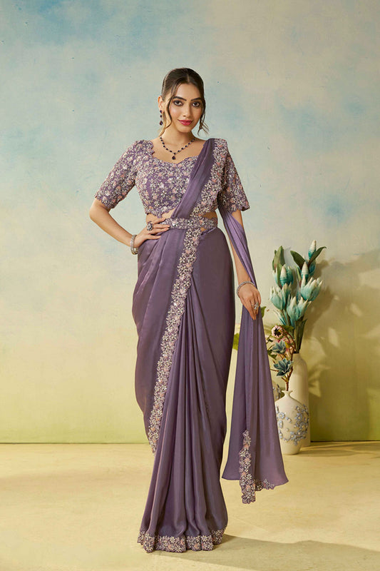  Lavender Saree  Matching Blouse Elegant Party Wear Silk Saree