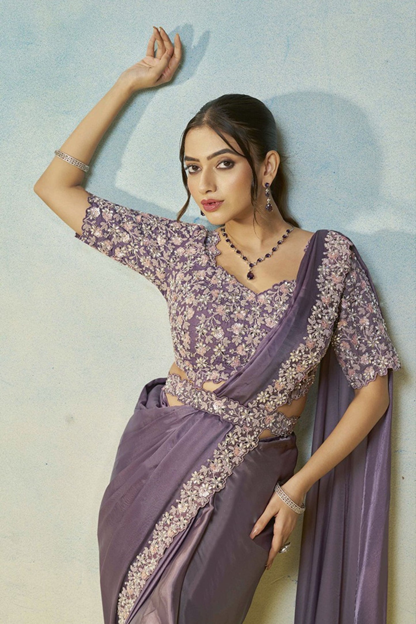 Lavender Saree Matching Blouse Elegant Party Wear Silk Saree